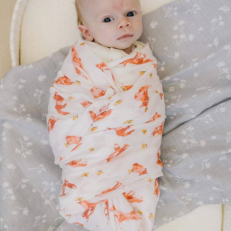 1024x1024 bebe au lait fox tales prairie luxury bamboo cotton baby swaddle blanket lifestyle