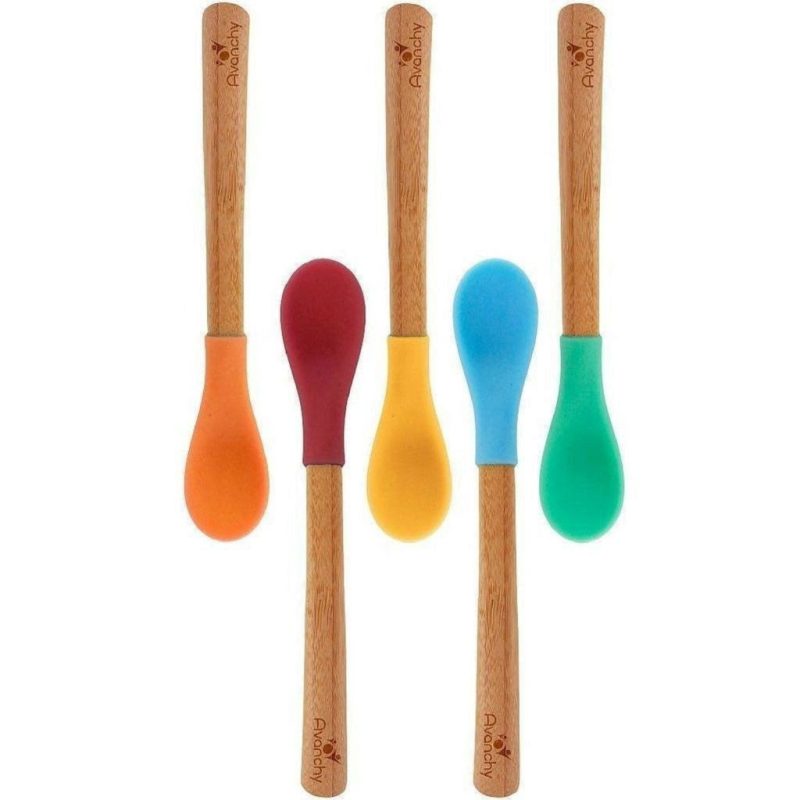 bamboo silicone infant spoon avanchy green yellow magenta orange blue 5 pack