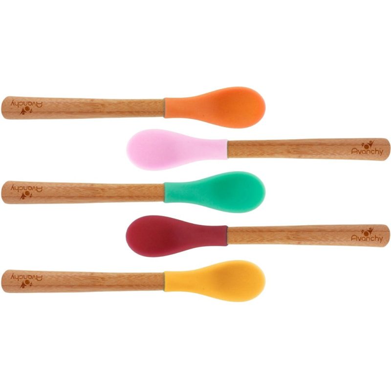 bamboo silicone infant spoon avanchy green yellow magenta orange pink 5 pack 2