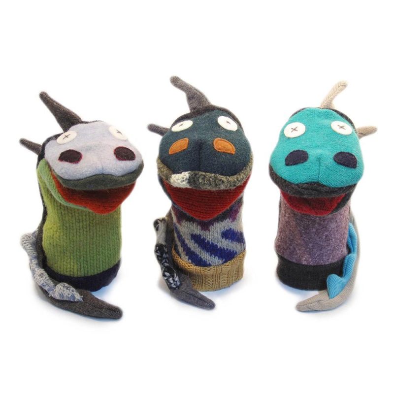 handmade upcycled wool animal hand puppets cate and levi dragon 2