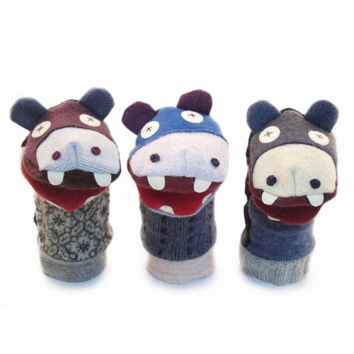 handmade upcycled wool animal hand puppets cate and levi hippo 16