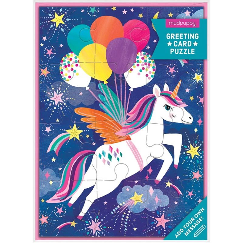 unicorn party greeting card puzzle mudpuppy books