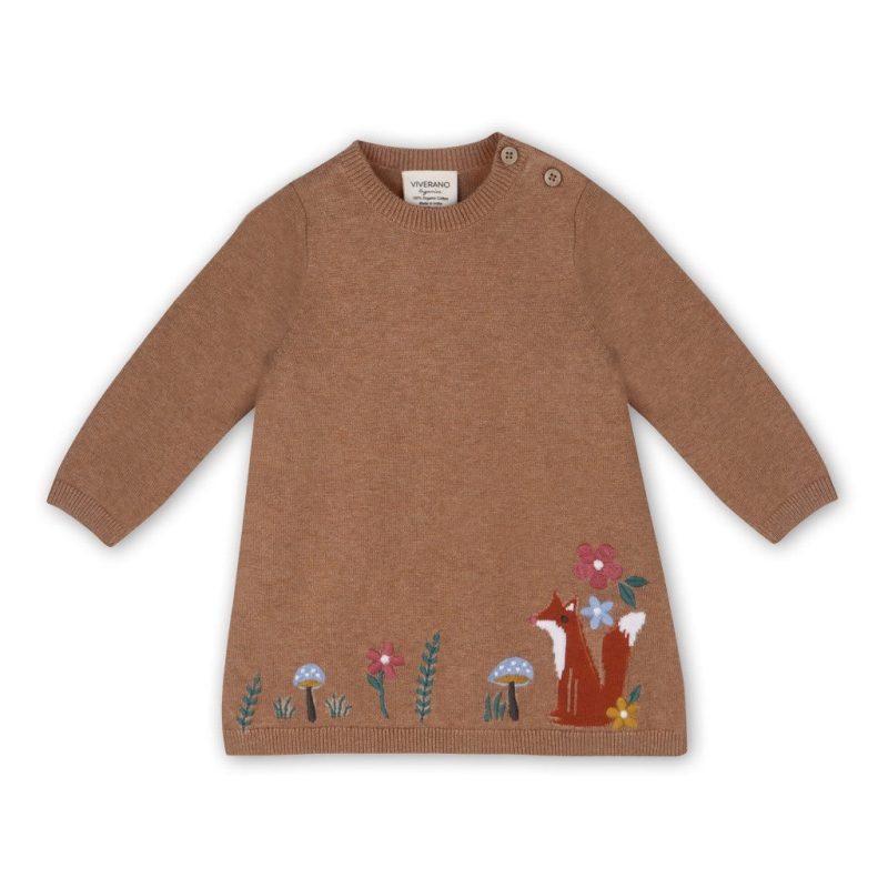 viverano organic cotton baby sweater knit dress woodland fox applique embroidered