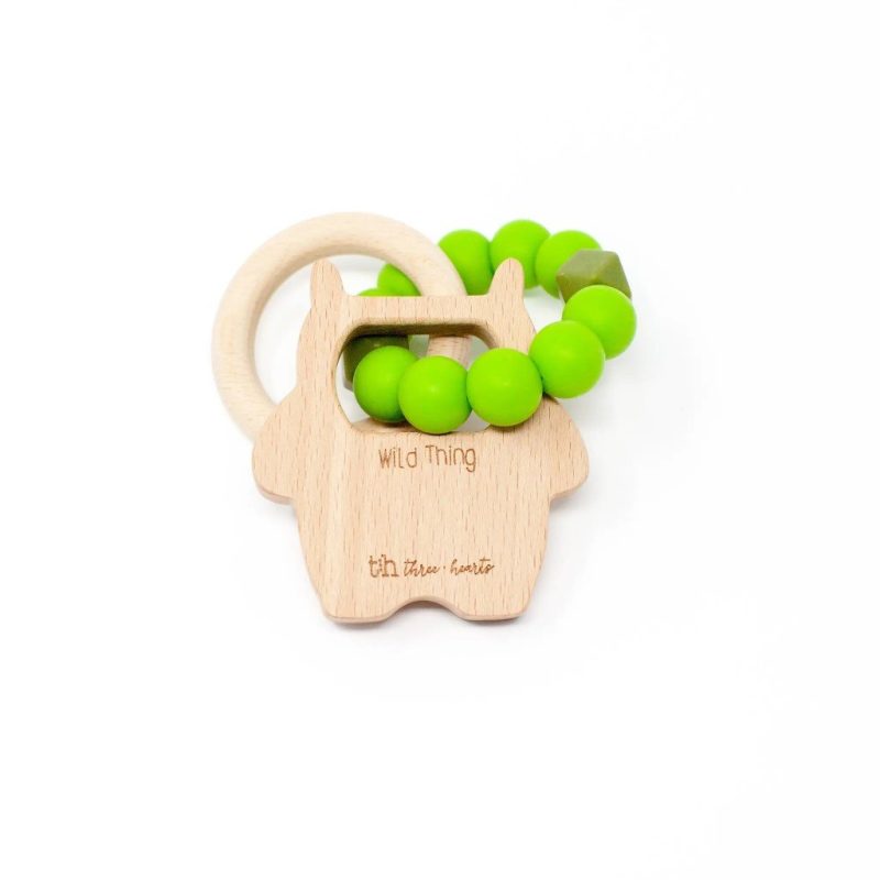 wild thing silicone wood teething rattle three hearts modern teething accessories electric green